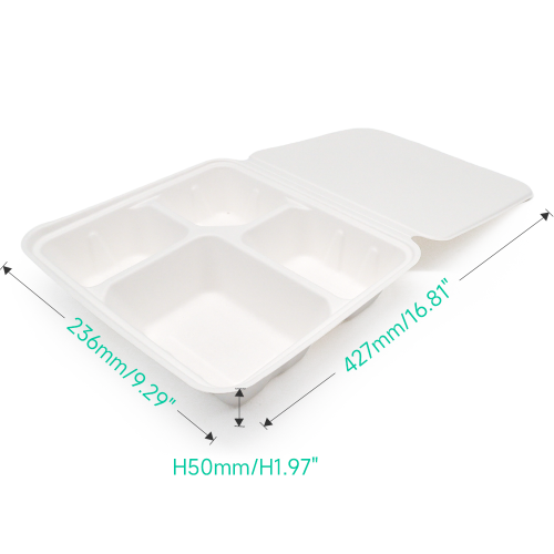 1200ml 4-Comp 7.4"x9.6"xH1.9" (Fold) 48g Bagasse Compostable Disposable Paper Lunch Tray with Lid