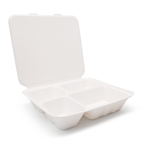1200ml 4-Comp 7.4"x9.6"xH1.9" (Fold) 48g Bagasse Compostable Disposable Paper Lunch Tray with Lid