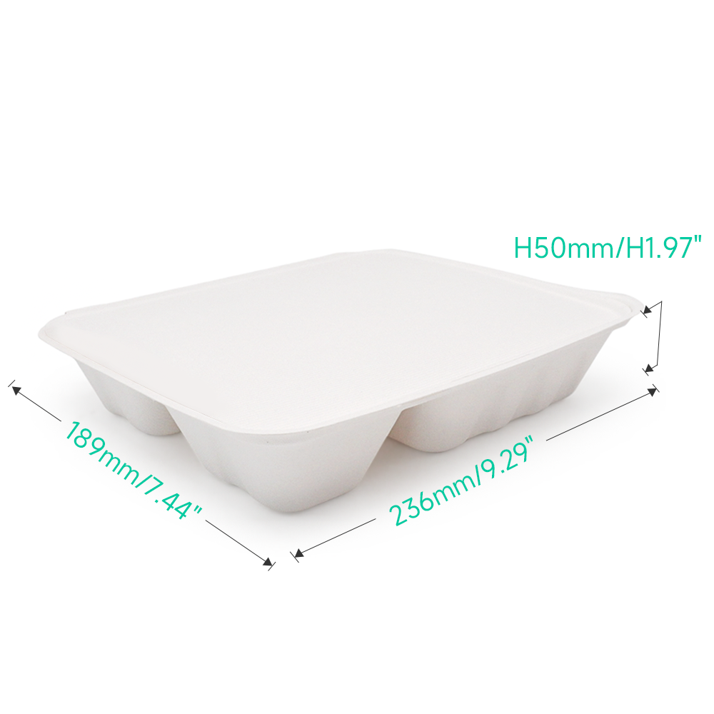 1200ml 4-Comp 7.4"x9.6"xH1.9" (Fold) 48g Bagasse Compostable Disposable Paper Lunch Tray with Lid