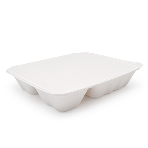1200ml 4-Comp 7.4"x9.6"xH1.9" (Fold) 48g Bagasse Compostable Disposable Paper Lunch Tray with Lid