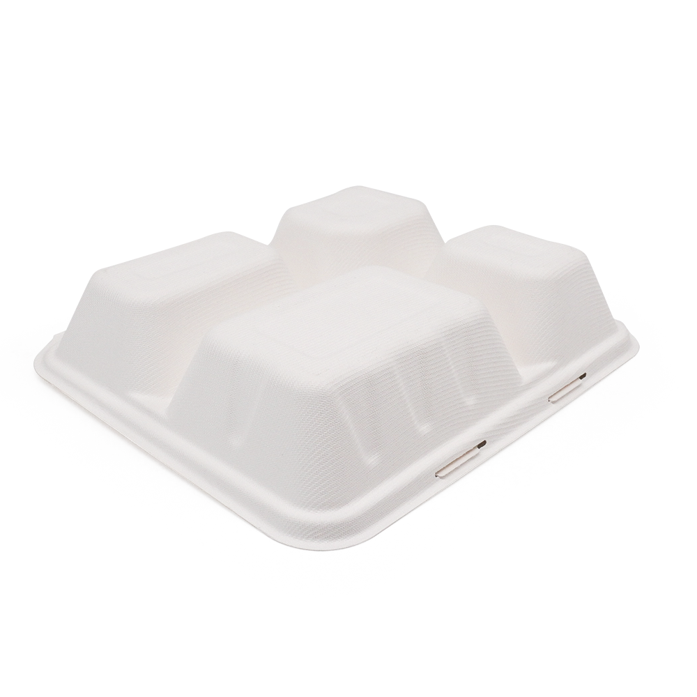 1200ml 4-Comp 7.4"x9.6"xH1.9" (Fold) 48g Bagasse Compostable Disposable Paper Lunch Tray with Lid