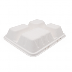 1200ml 4-Comp 7.4"x9.6"xH1.9" (Fold) 48g Bagasse Compostable Disposable Paper Lunch Tray with Lid