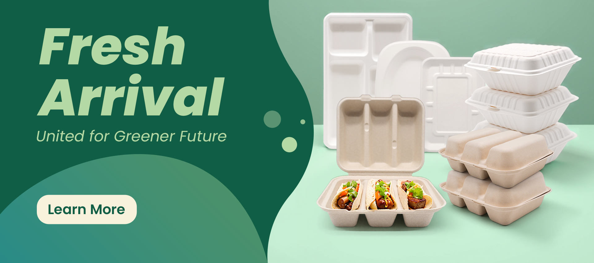 There is a bagasse carrier with two bagasse coffee cups, bagasse trays full of sushi and cardboard plates with nuts.