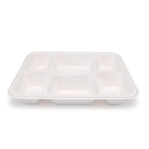 6-Comp 8.66x11.18xH1.77" 44.5g Bagasse Biodegradable Eco Takeout Meal Packaging Trays with Lid