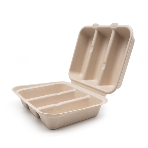 3-Comp 14x7.93xH1.87" (Unfold) 50g Bagasse Biodegradable Clamshell Box for Taco