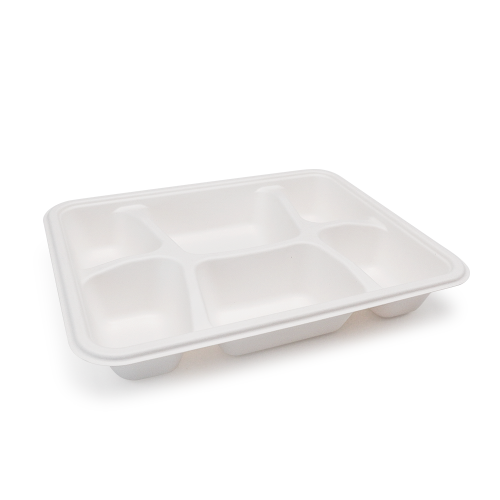 6-Comp 8.66x11.18xH1.77" 44.5g Bagasse Biodegradable Eco Takeout Meal Packaging Trays with Lid