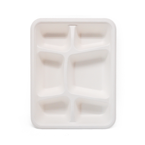 6-Comp 8.66x11.18xH1.77" 44.5g Bagasse Biodegradable Eco Takeout Meal Packaging Trays with Lid