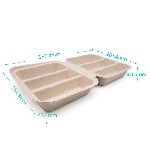 3-Comp 14x7.93xH1.87" (Unfold) 50g Bagasse Biodegradable Clamshell Box for Taco