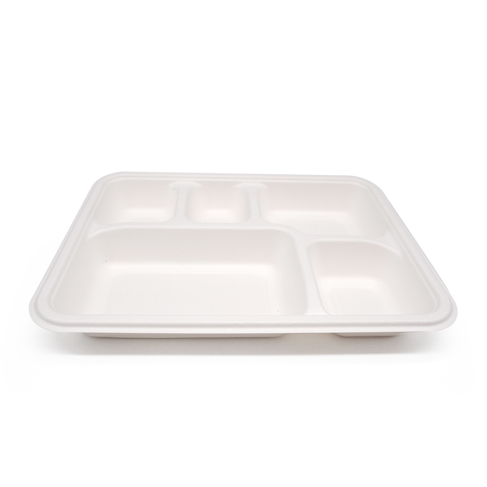 5-Comp 8.66x11.18xH1.44" 37g Bagasse Biodegradable Disposable Food Trays for Catering