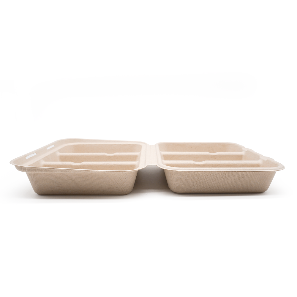 3-Comp 14x7.93xH1.87" (Unfold) 50g Bagasse Biodegradable Clamshell Box for Taco