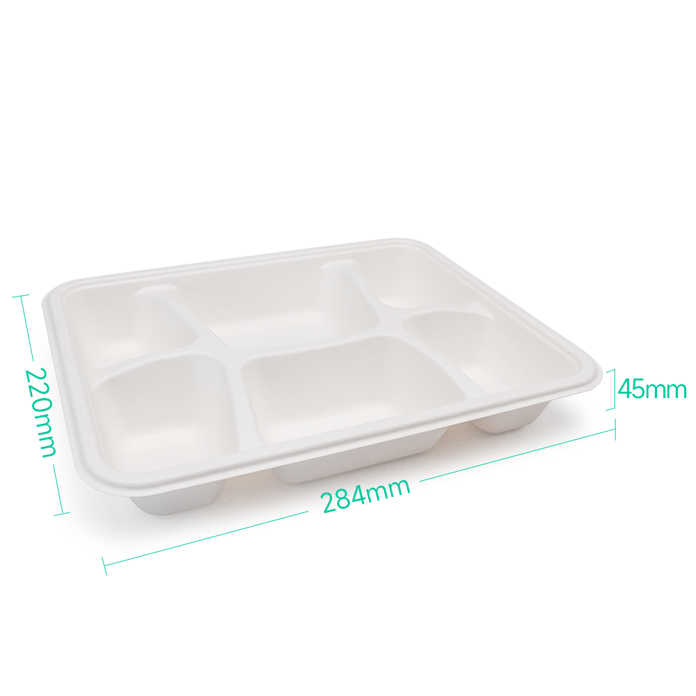 6-Comp 8.66x11.18xH1.77" 44.5g Bagasse Biodegradable Eco Takeout Meal Packaging Trays with Lid