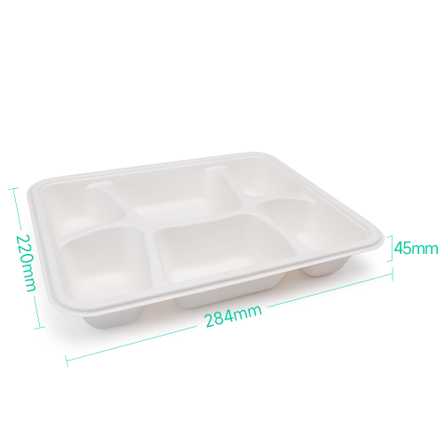 6-Comp 8.66x11.18xH1.77" 44.5g Bagasse Biodegradable Eco Takeout Meal Packaging Trays with Lid