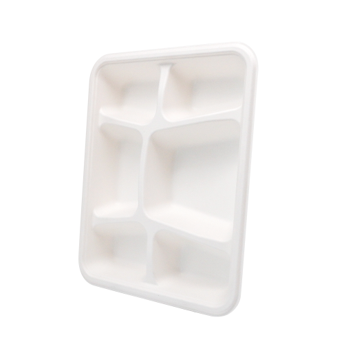 6-Comp 8.66x11.18xH1.77" 44.5g Bagasse Biodegradable Eco Takeout Meal Packaging Trays with Lid