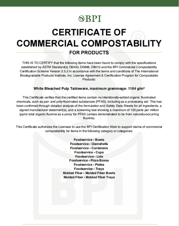[Xinfeng Production Base] ASTM D6400, D6868, D8410 and the BPI Commercial Compostability Certification Scheme Version 2.5.2  - Bleached Tableware - 10