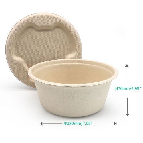 1500ml 50oz Φ7.64xH2.99" 28g Straght Wall Bagasse Compostable Togo Bowl for Rice & Noodle