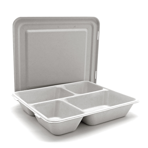 1000ml 4-Comp 9"x8.6"xH1.6" 50g Bagasse Compostable Ready Meal Packaging Tray with Cover