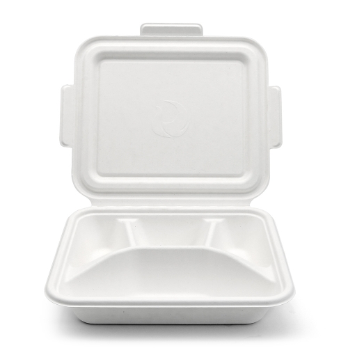 4-Comp 7.44x8.58xH1.97" (Fold) 48g Bagasse Compostable Containers with Lid for Catering