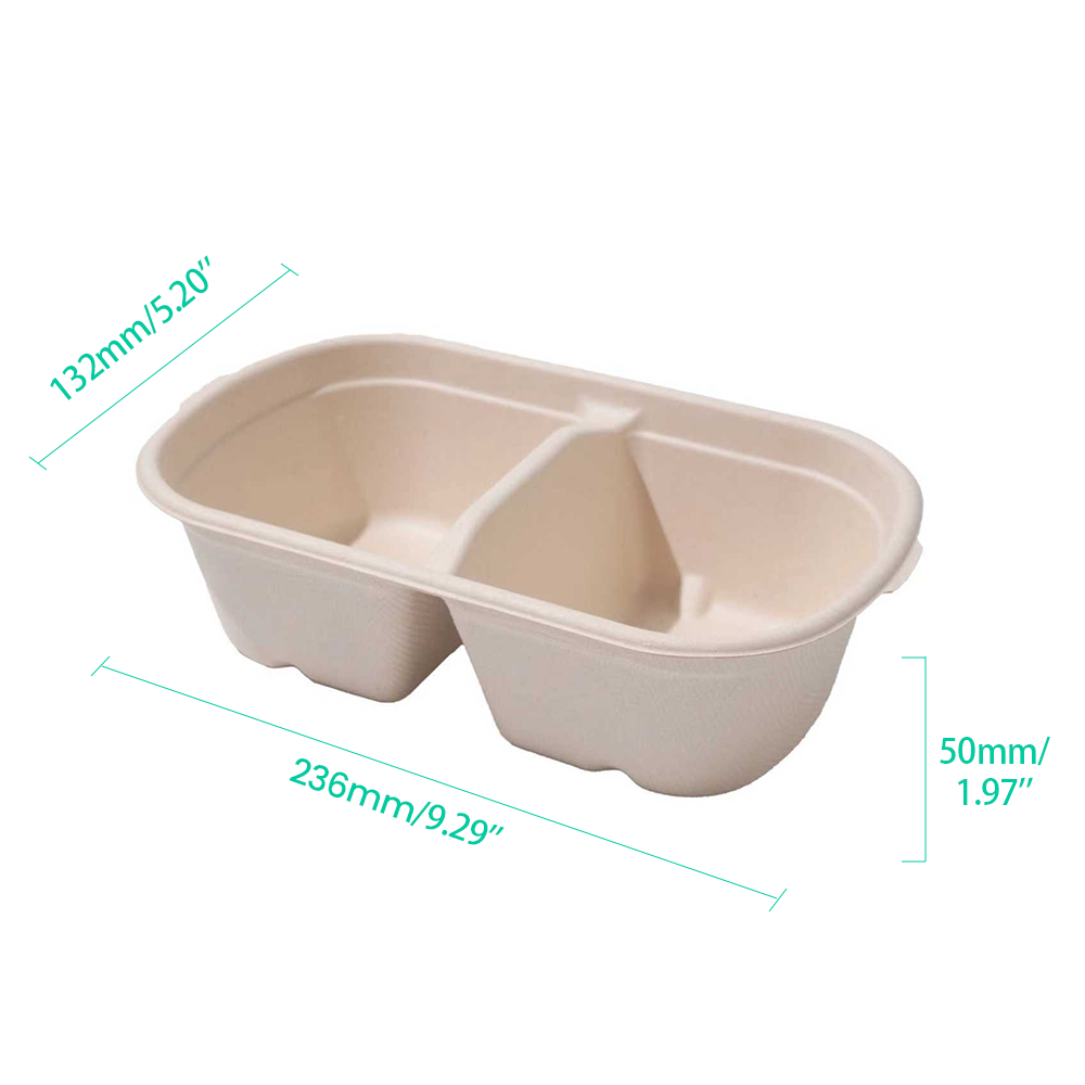850ml 29oz 9.29x5.20xH1.97" 18g 2-Comp Bagasse Compostable Takeout Food Packaging Boxes