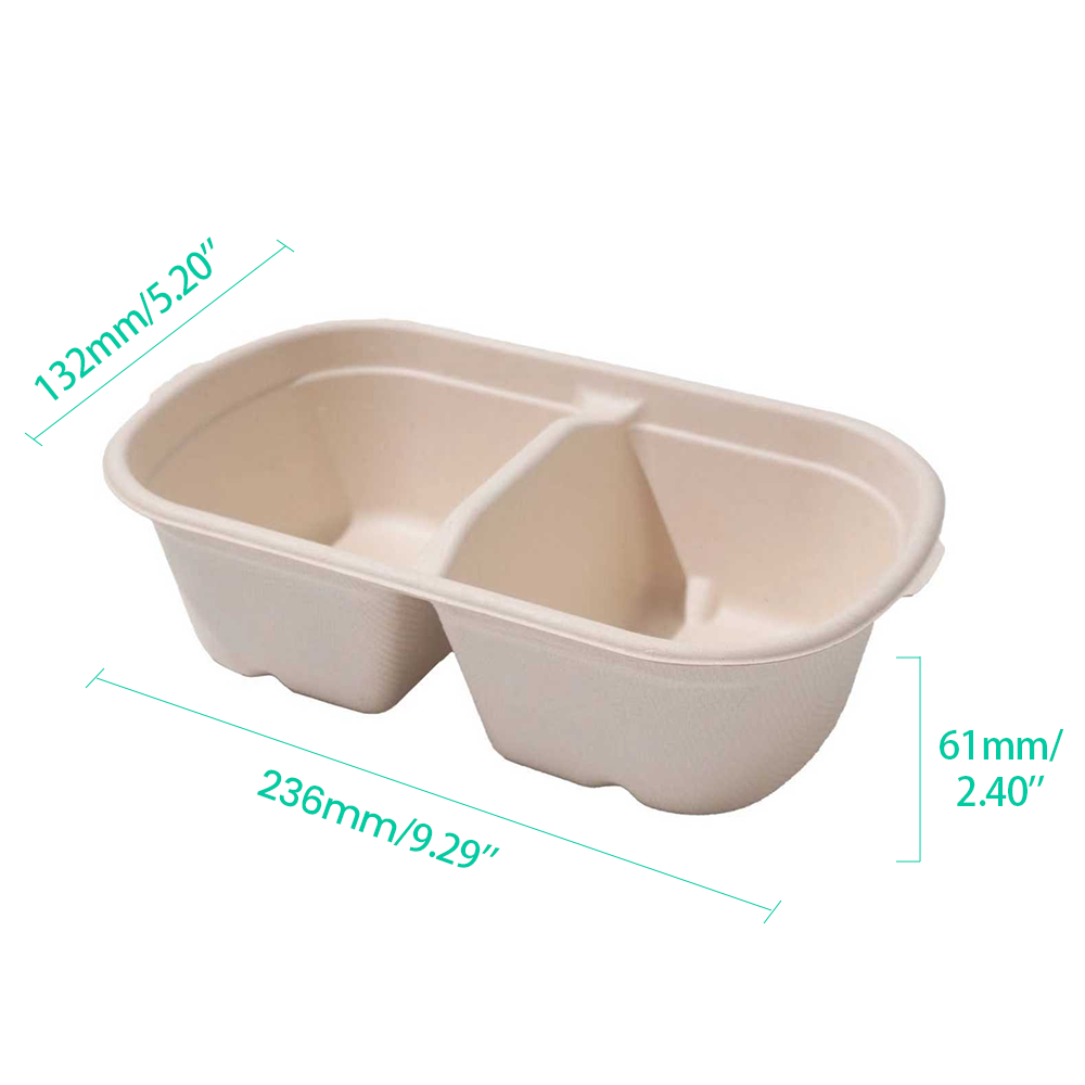 1000ml 34oz 9.29x5.20xH2.40" 21g 2-Comp Bagasse Compostable Carry Out Comtainer for Food