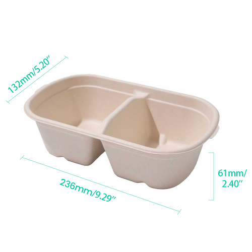 1000ml 34oz 9.29x5.20xH2.40" 21g 2-Comp Bagasse Compostable Carry Out Comtainer for Food