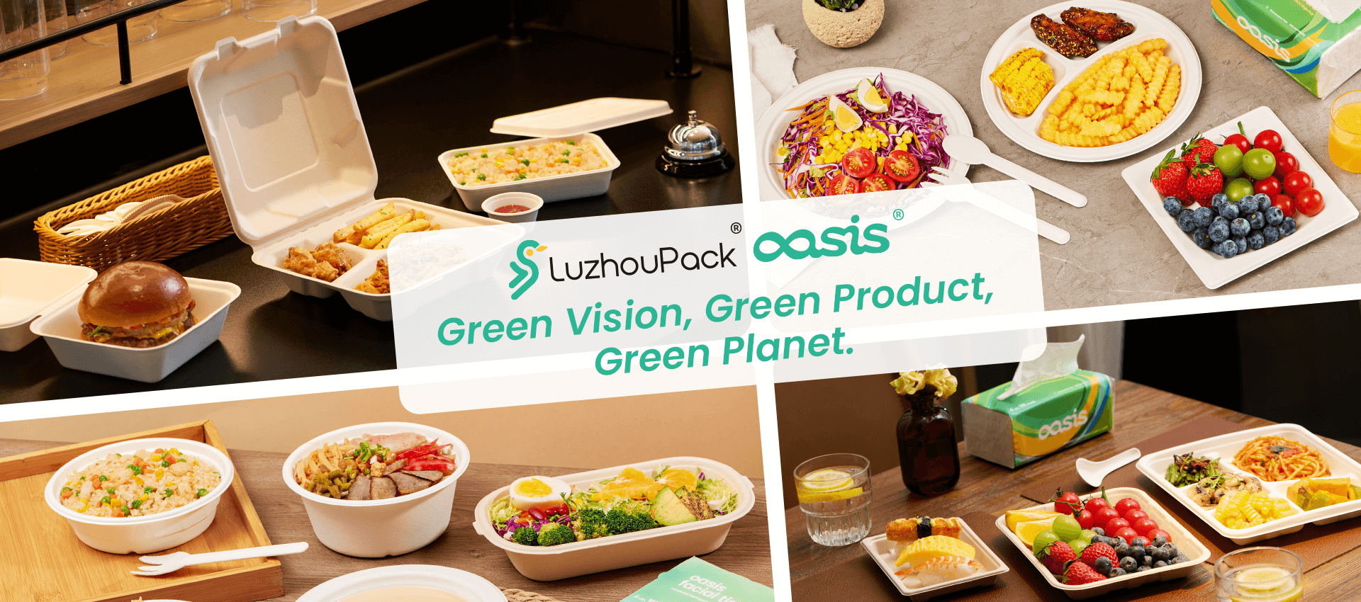 bagasse clamshell and plate with steak, broccoli and chips; bagasse tray with fruit and bagasse bowl with salad