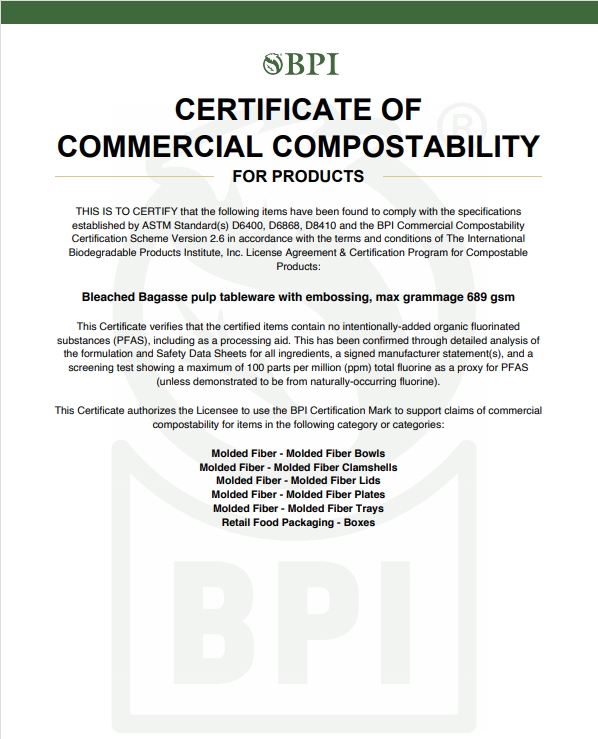 [Thailand Production Base] Certificate of Commercial Compostability - Bleached Bagasse Pulp Tableware with Embossing - 10530041-5 - BPI - Valid Until
