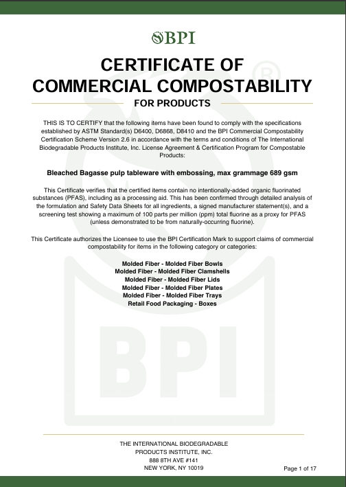 [Thailand BRG Production Base] BPI Certificate of Commercial Compostability - Bleached Bagasse Tableware - 10530289-5 - BPI - Valid Until 20280630
