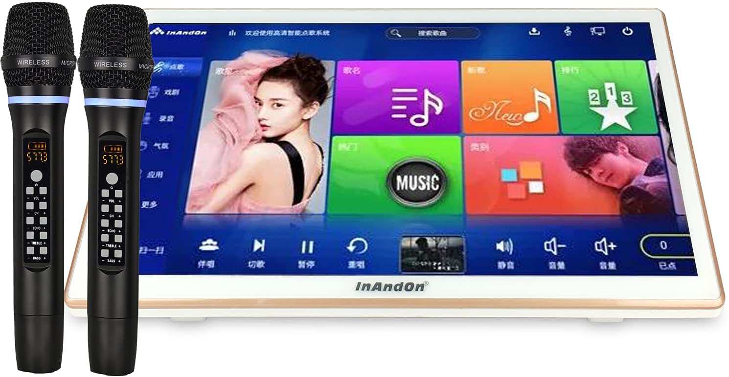 with 2 Professional Wireless Mic 21.5'' Capacitive Touch Screen Intelligent Voice Keying Machine Real-time Score. KV-V5 Max +8TB +21.5 Touch Screen 2021 InAndOn KV-V5 Max Karaoke Player 8T 