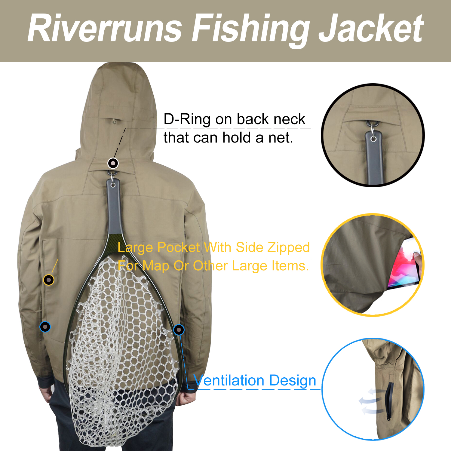 Riverruns Fishing Wading Jacket, Breathable Outdoor Fly Fishing Rain Coat