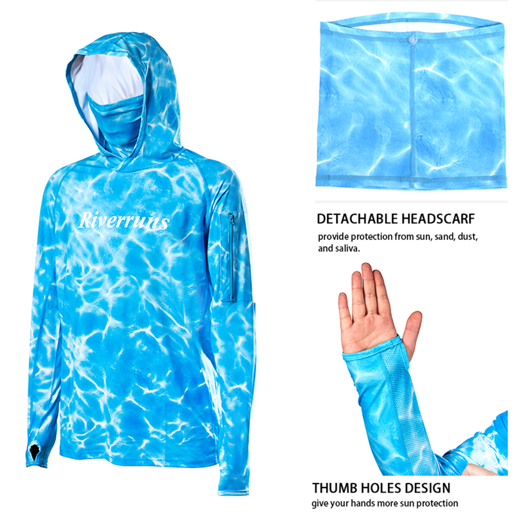 Riverruns UPF 50+ Fishing Hoodie, Sun Hooded Fishing Shirt, Sun