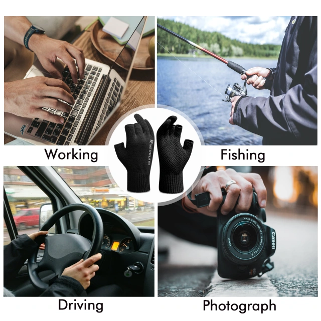 Riverruns 3-Cut Fingers Fishing Gloves Winter Warm Knitted Gloves for Men  and Women for Fly Fishing, Ice Fishing,Boating, Kayaking and Hunting