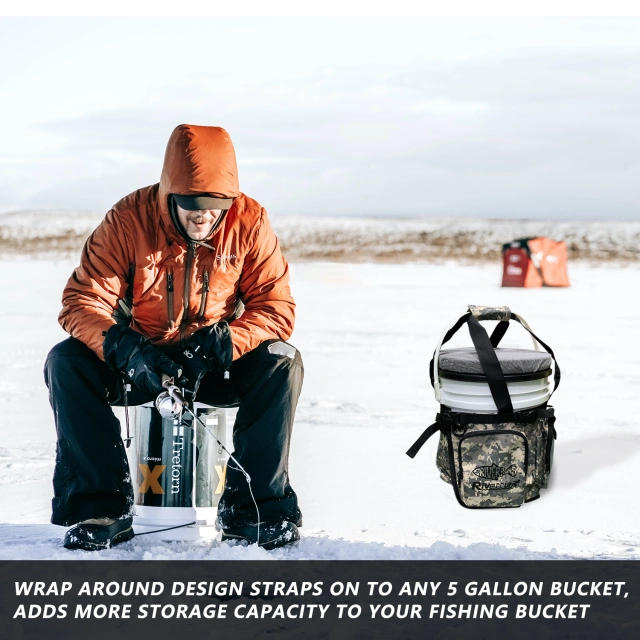  RGJ Ice Fishing Bucket Tool Organizer, Ice Fishing Bucket  Organizer for 5 Gallon Bucket Adjustable Bucket Caddy Tackle Bag with 12  Pockets and Plier Holder for Fishing Gear (Bucket not Included) 