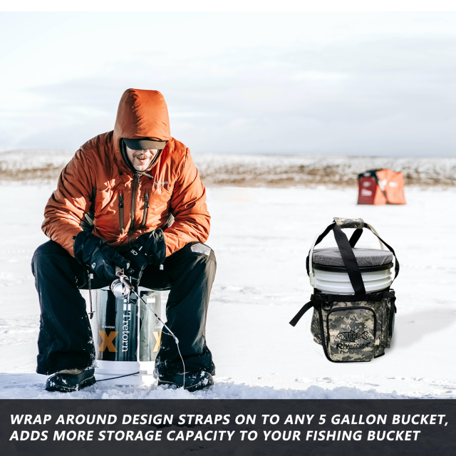 Ice Fishing General Fishing Bucket Tool Organizer, Multiple pockets, Adjustable Bucket Caddy Tackle Bag for 5-Gallon Bucket