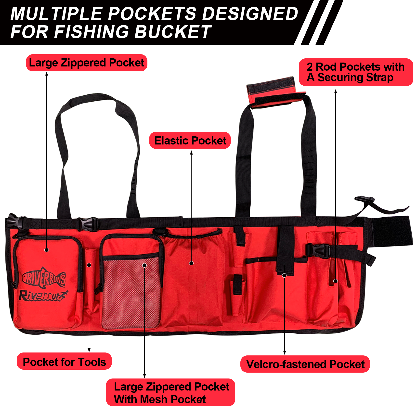 Ice Fishing General Fishing Bucket Tool Organizer, Multiple pockets,  Adjustable Bucket Caddy Tackle Bag for 5