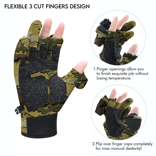 Riverruns Flexible Fishing Gloves Fleece Lining Windproof Ice Fishing Gloves Water-Repellent Touchscreen 3 Cut Fingers