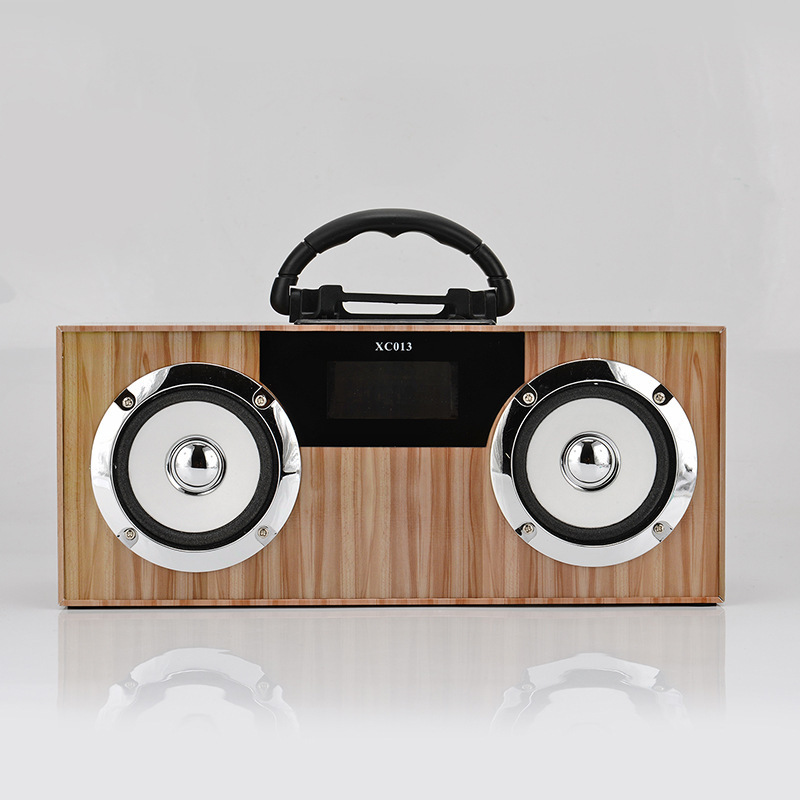 Wooden Custom colored design 3 inch Mobile Phone Stand AUX TF Card Battery Speaker With Handle Wireless Speaker Box