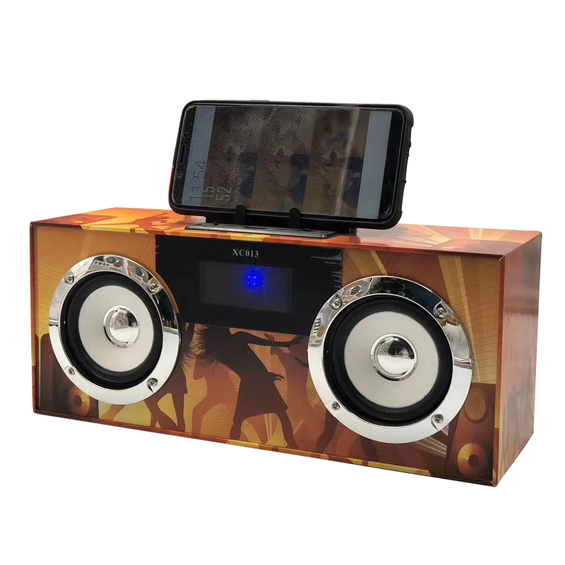 Wooden Custom colored design 3 inch Mobile Phone Stand AUX TF Card Battery Speaker With Handle Wireless Speaker Box