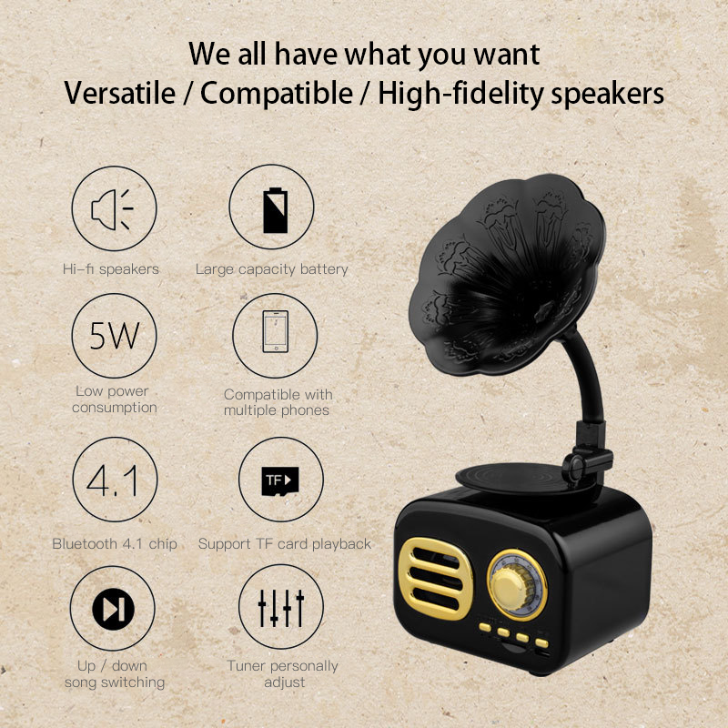 Retro Classic Vintage Phonograph Player Design Portable wireless stereo Speaker with FM radio and TF card slot