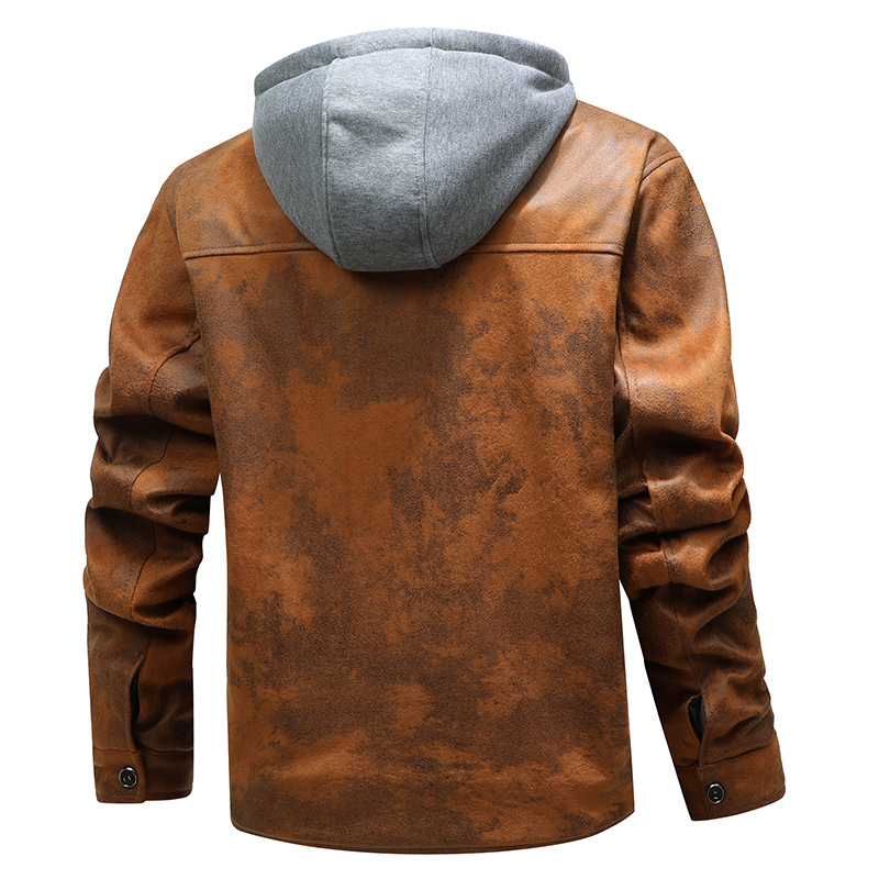 GorgeousBen Men's PU Leather Hooded Jackets Plush Boomber Windbreaker Fleece Jackets  BNJ921