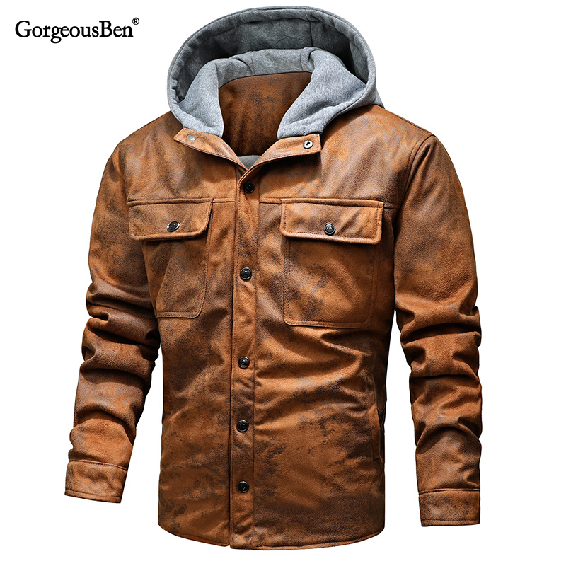 GorgeousBen Men's PU Leather Hooded Jackets Plush Boomber Windbreaker Fleece Jackets  BNJ921