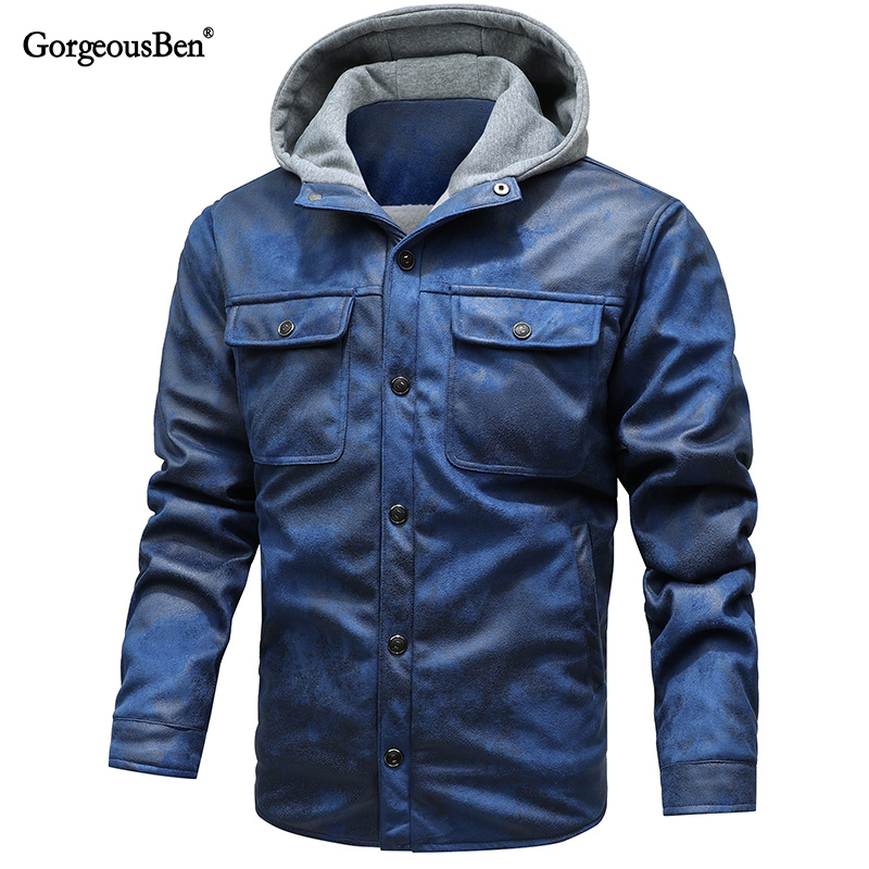 GorgeousBen Men's PU Leather Hooded Jackets Plush Boomber Windbreaker Fleece Jackets  BNJ921