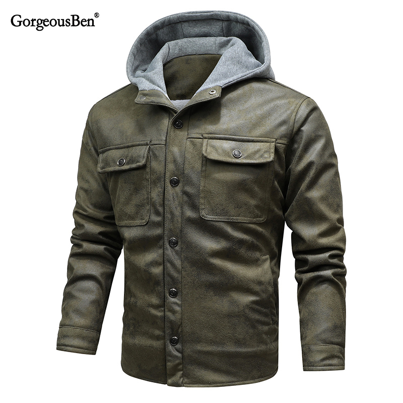GorgeousBen Men's PU Leather Hooded Jackets Plush Boomber Windbreaker Fleece Jackets  BNJ921