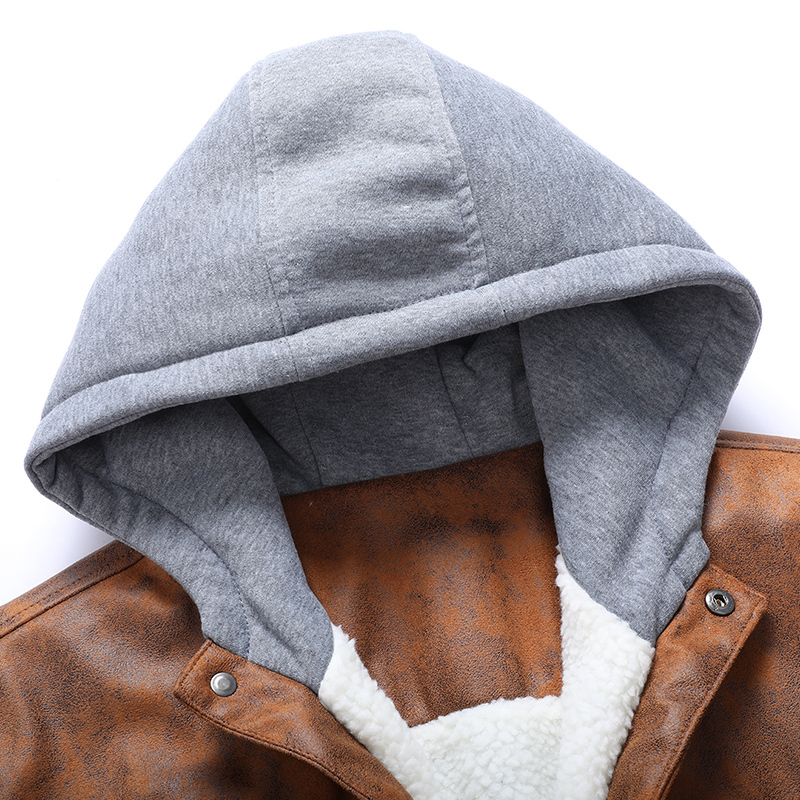 GrogeousBen Men's PU Leather Hooded Jackets Plush Boomber Windbreaker Fleece Jackets  BNJ921