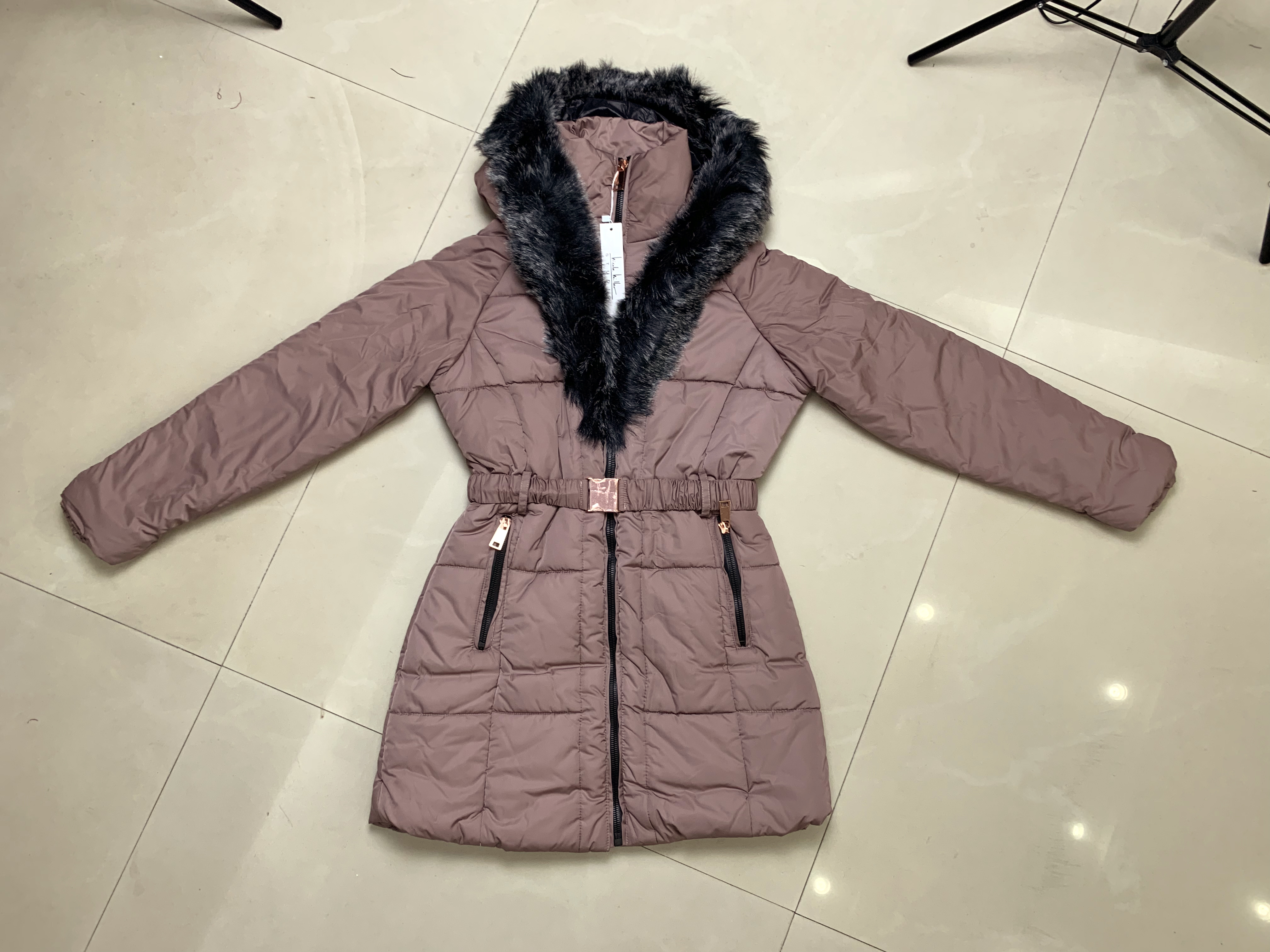 Stocks & ready-made&spot Fur hood women padding jacket with belt cancelled order