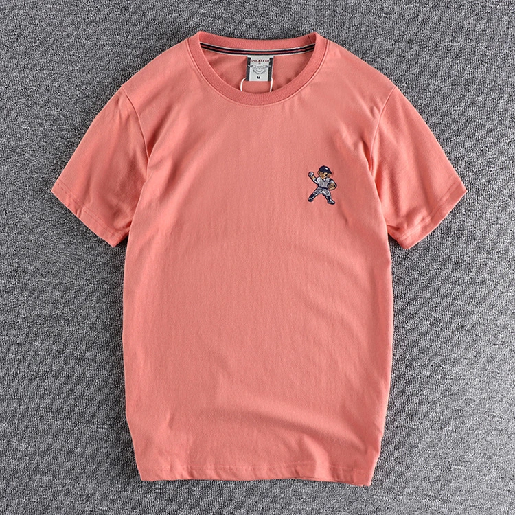 Unisex Summer new cotton wash wool short sleeve chest embroidery figure T-shirt simple fashion half sleeve shirt