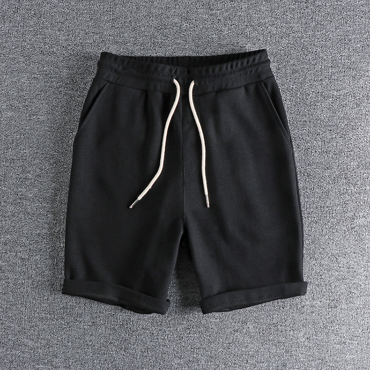 GrogeousBen Men's Waffle fabric washed cotton shorts men's solid color all-in-one loose athleisure medium pants five quarter pants