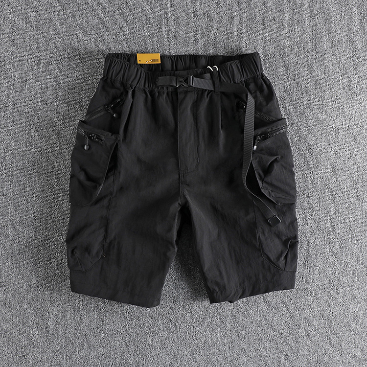 GrogeousBen Men's Street retro city boy functional overalls shorts men's solid color multi-pocket five-point casual pants for men