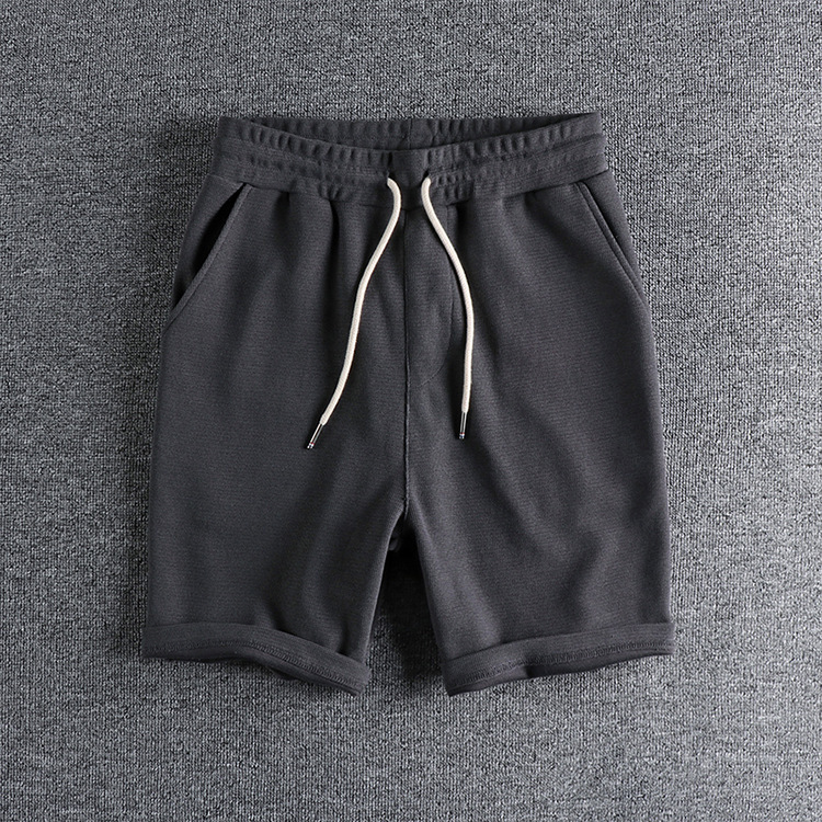 GrogeousBen Men's Waffle fabric washed cotton shorts men's solid color all-in-one loose athleisure medium pants five quarter pants