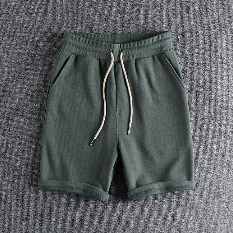 GrogeousBen Men's Waffle fabric washed cotton shorts men's solid color all-in-one loose athleisure medium pants five quarter pants