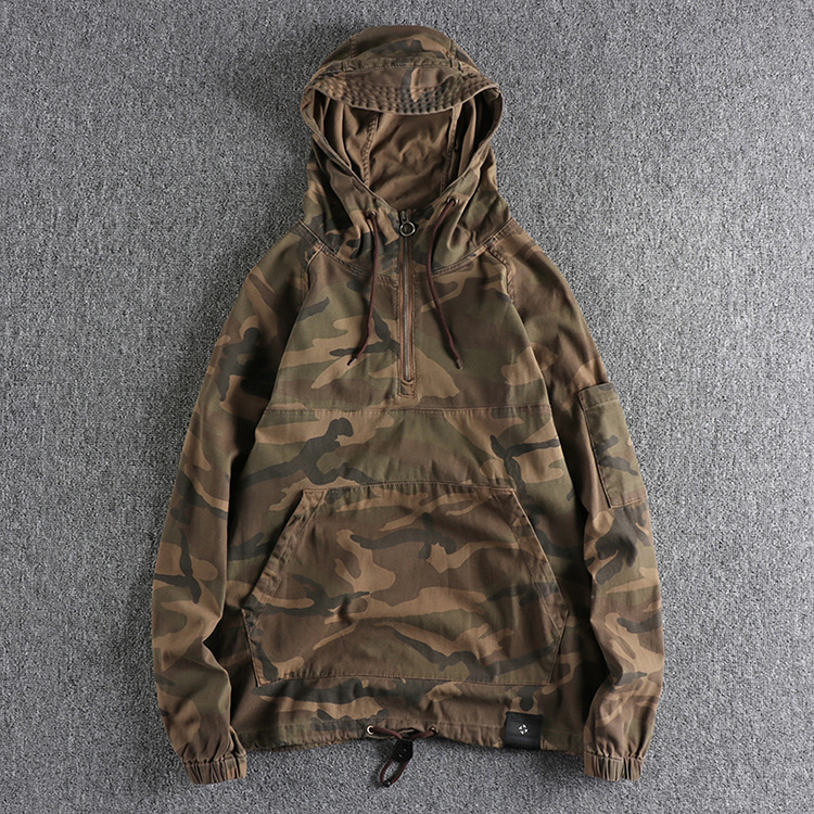 GrogeousBen Men's 100% cotton wash denim camo hoodies vintage mens quarter zip pullover jacket